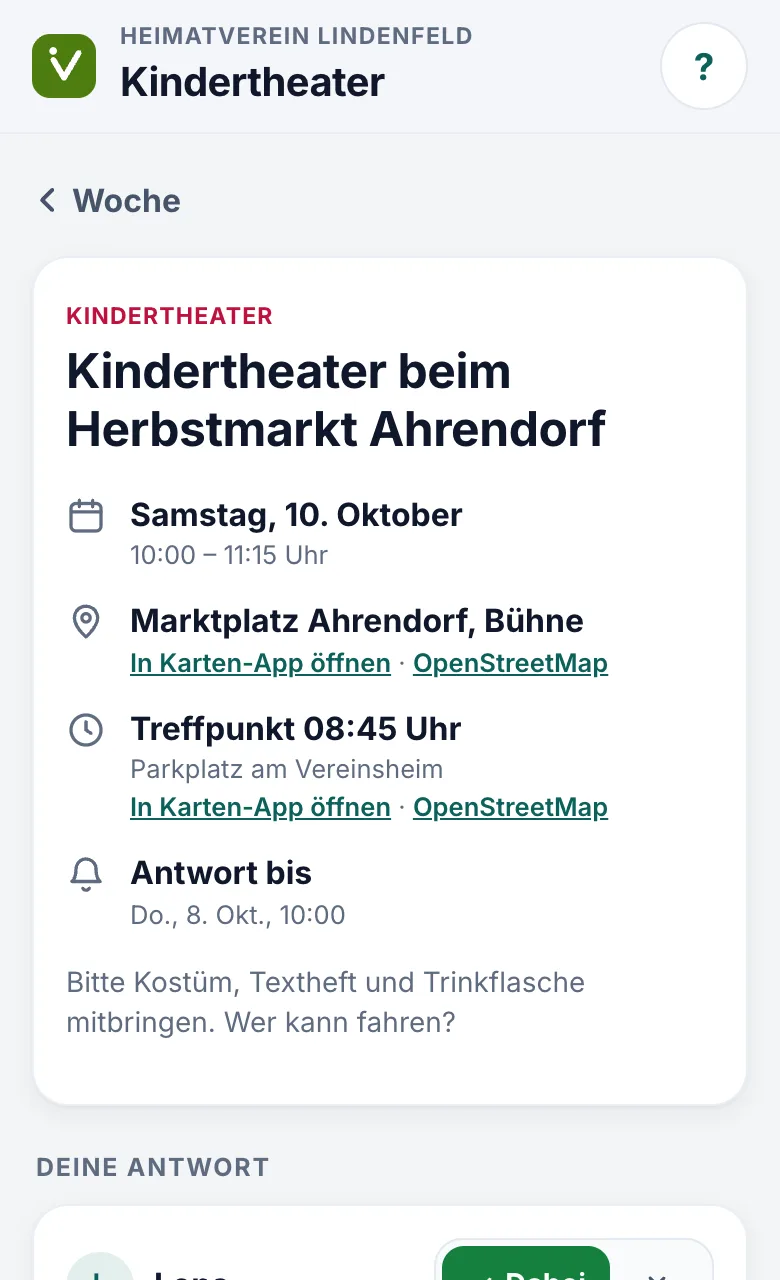 Vereins-App auf dem Handy: eine Veranstaltung mit Zu- und Absage und Fahrgemeinschaft